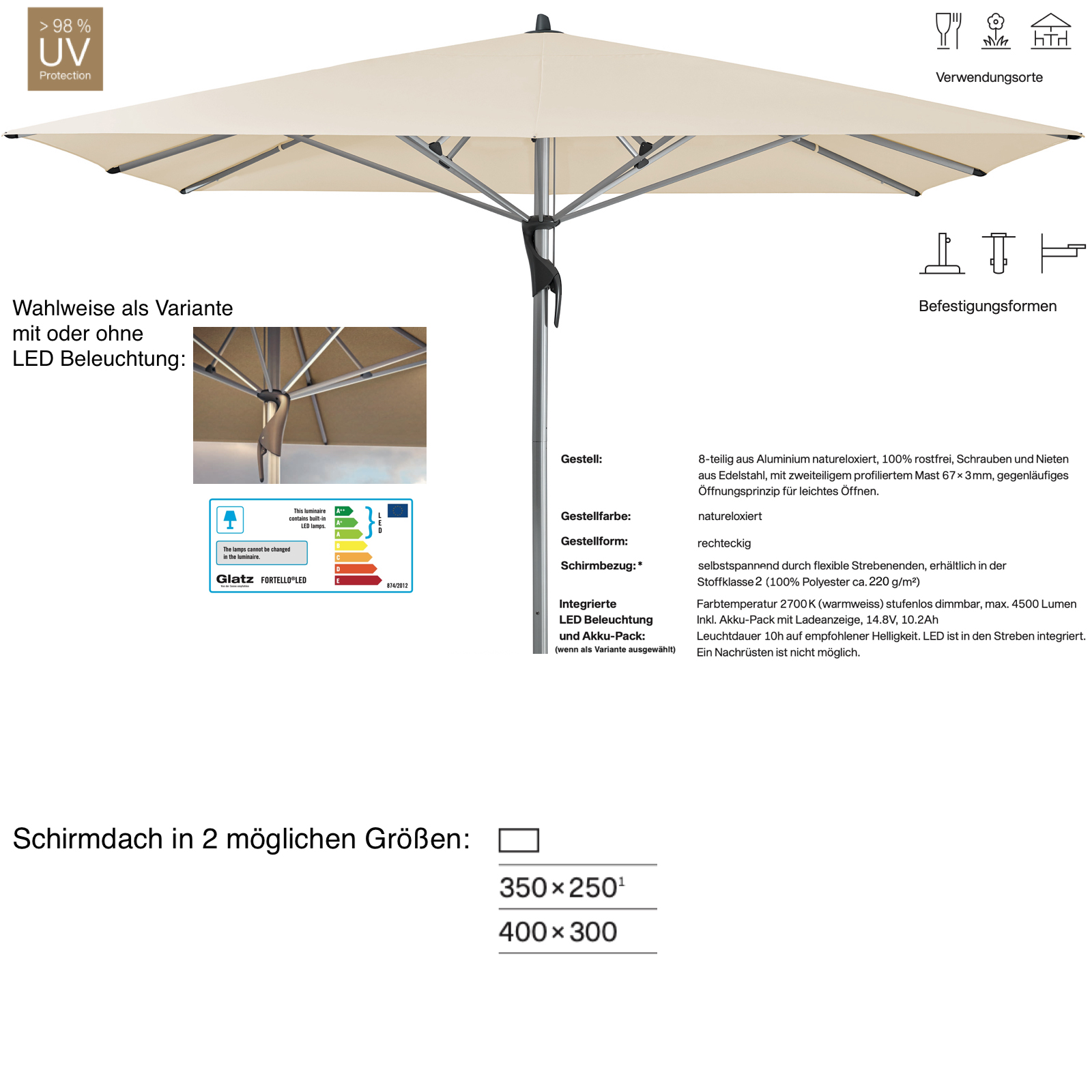 GLATZ Sonnenschirm FORTELLO® / LED easy rechteckig 400 x 300 cm Eggshell 150
