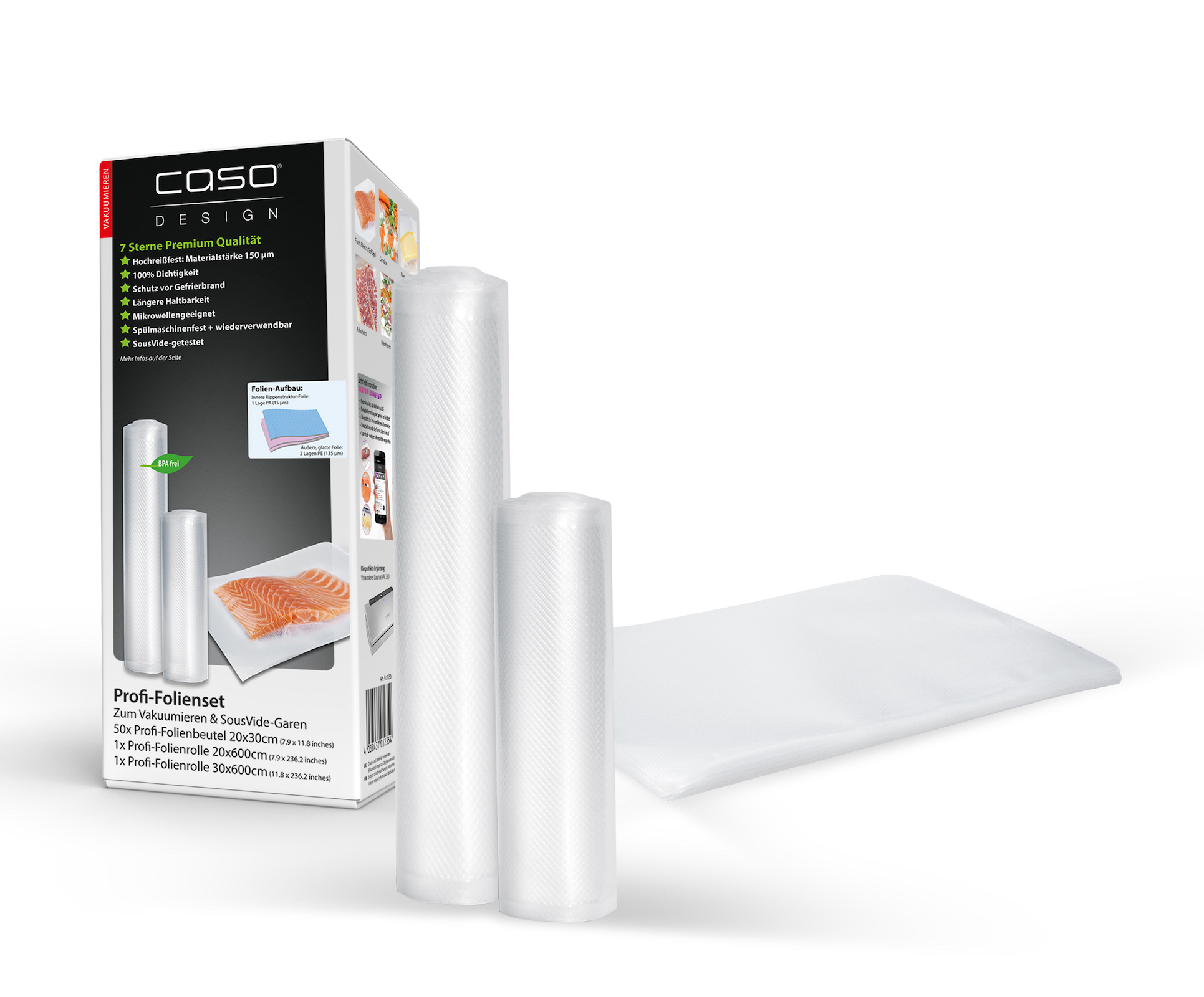 Caso Design Profi-Folienset, 50 Folienbeutel, 2 Folienrollen für Vakuumiersysteme und Sous Vide