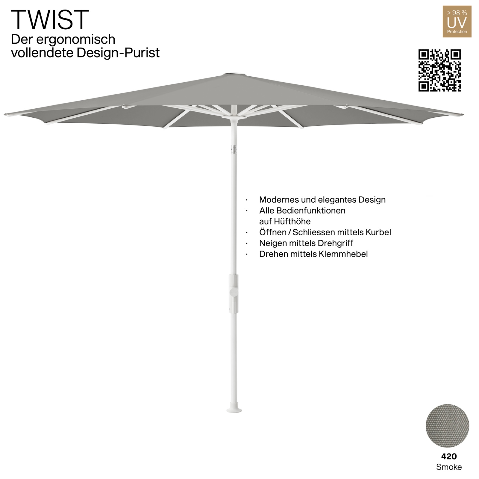 GLATZ Sonnenschirm TWIST rund ø 270 cm Gestell matt weiss Stoff Farbe 420 Smoke Mittelmastschirm