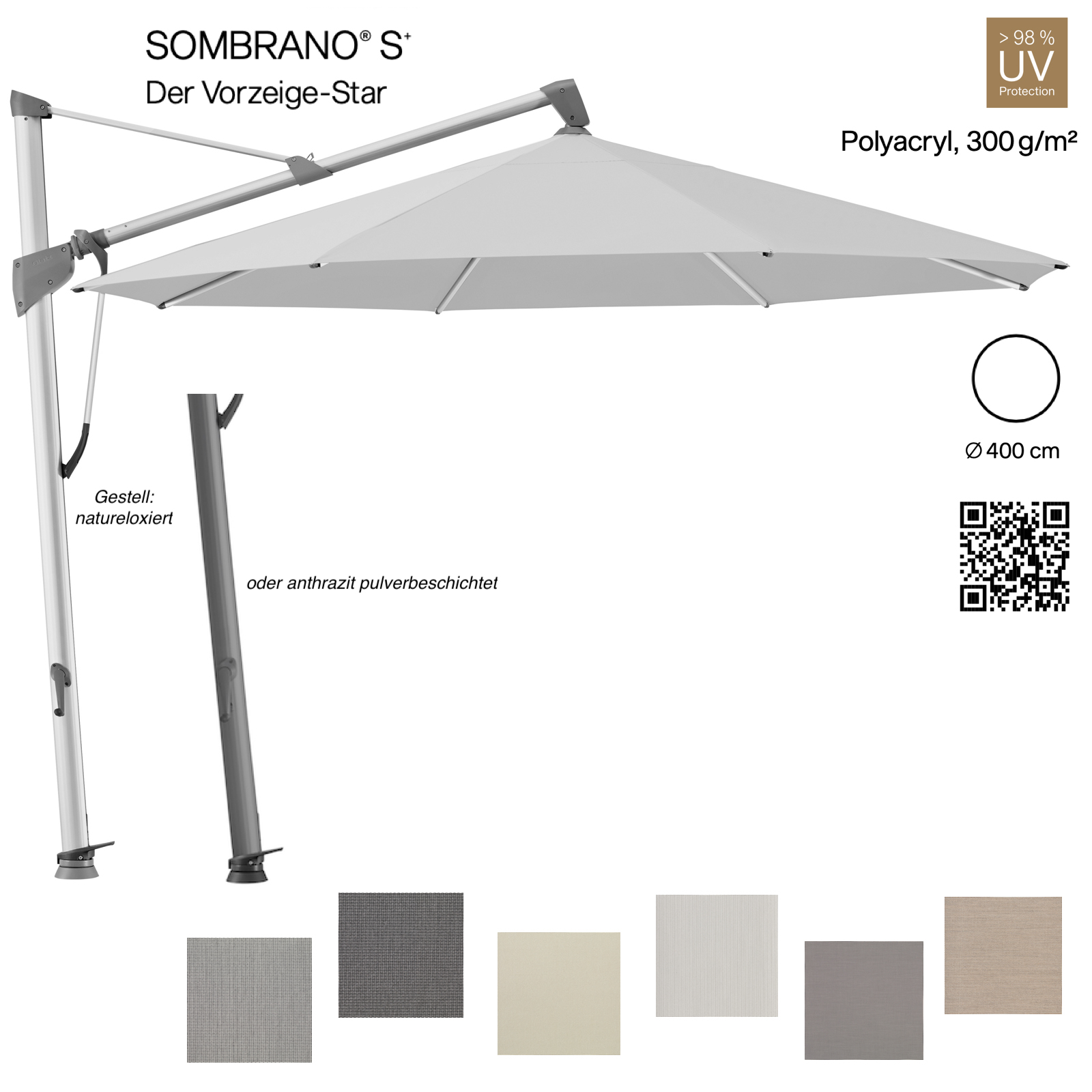 GLATZ Ampelschirm SOMBRANO® S+ rund ø 400 cm in 6 Farben Stoffklasse 5 Sonnenschirm