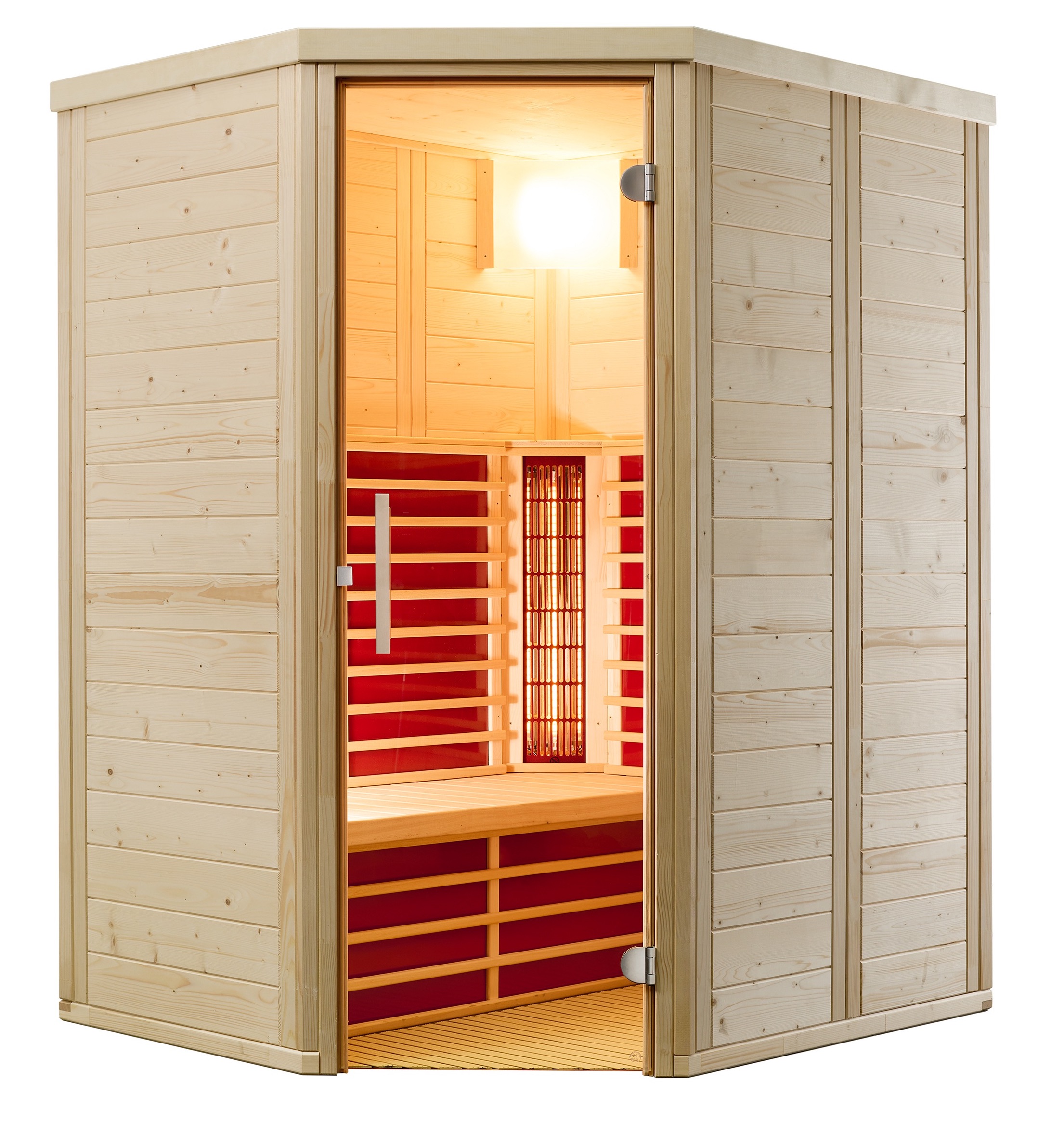 Infraworld Infrarotkabine Vario Natura 148 Ecke links Fichte 148x121,5cm mit 2 ABC-Strahler