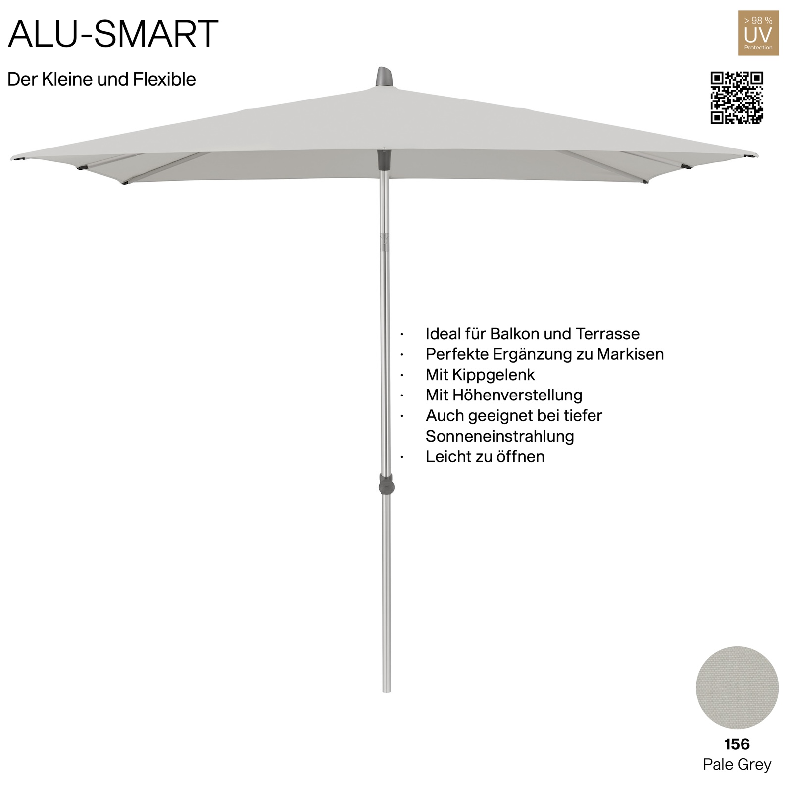 GLATZ Sonnenschirm ALU-SMART quadratisch 200 x 200 cm Gestell natureloxiert Farbe 156 Pale Grey Mittelstock