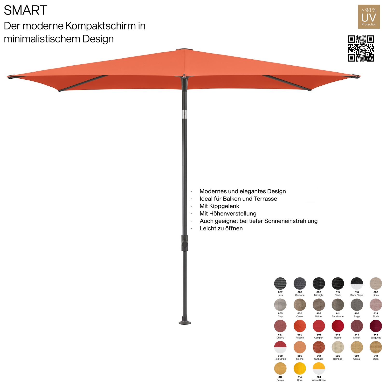 GLATZ Sonnenschirm SMART 210 x 150 cm Gestell anthrazit Stoff 100 % Polyacryl verschiedene Farben