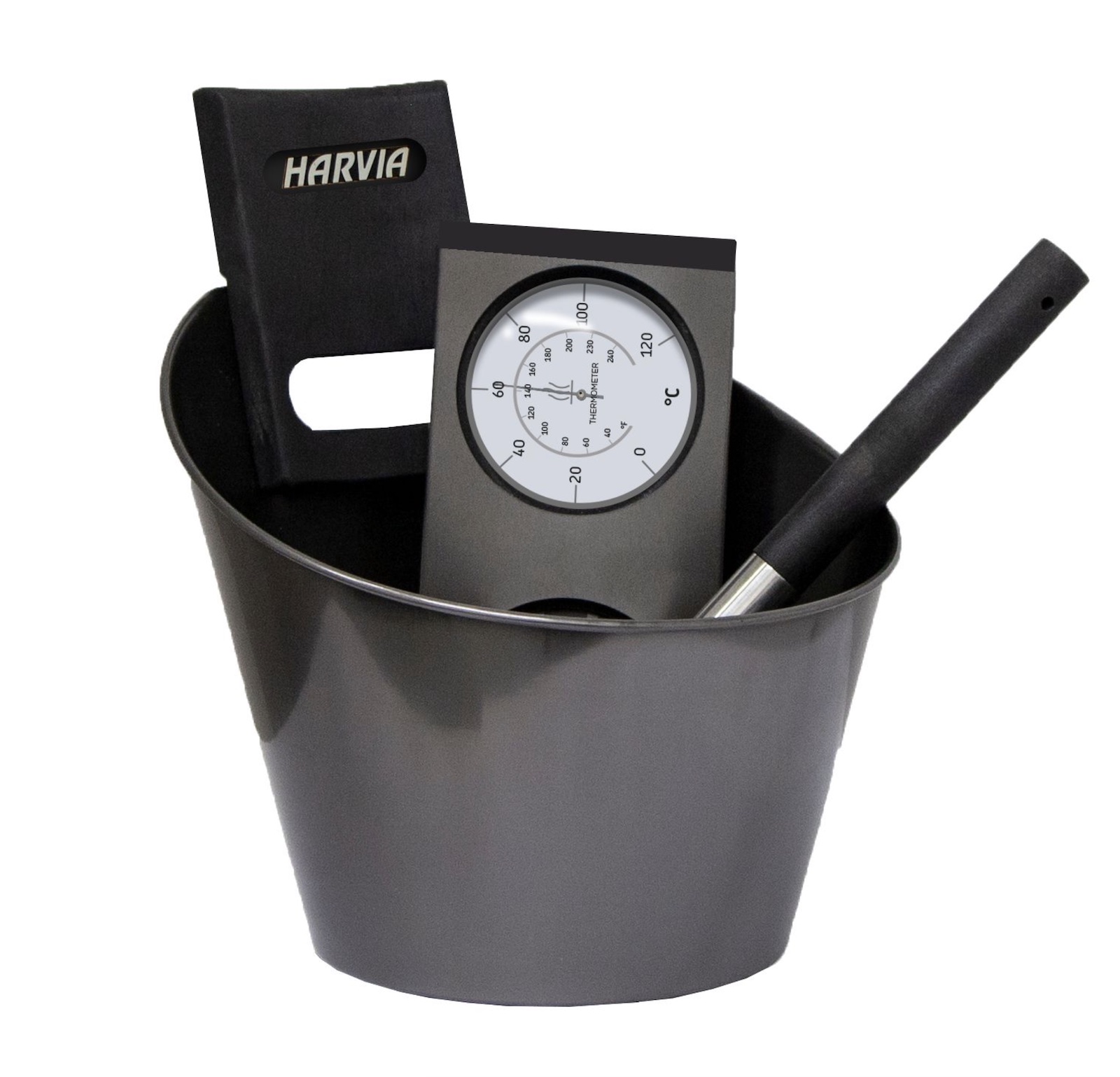 Harvia Sauna Zubehörset Black Steel Saunakübel Kelle Thermo-Hygrometer Edelstahl