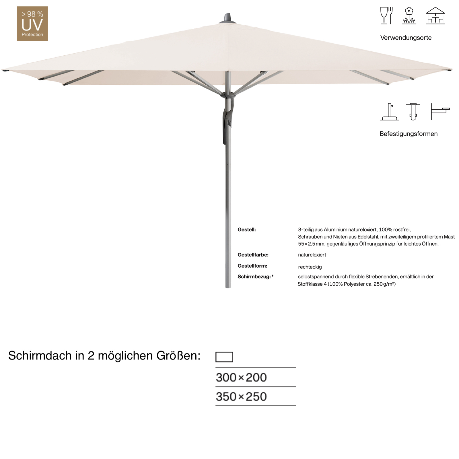 GLATZ Sonnenschirm FORTERO® rechteckig 300 x 200 / 350 x 250 cm Stoffklasse 4 Vanilla 453 Mittelstock