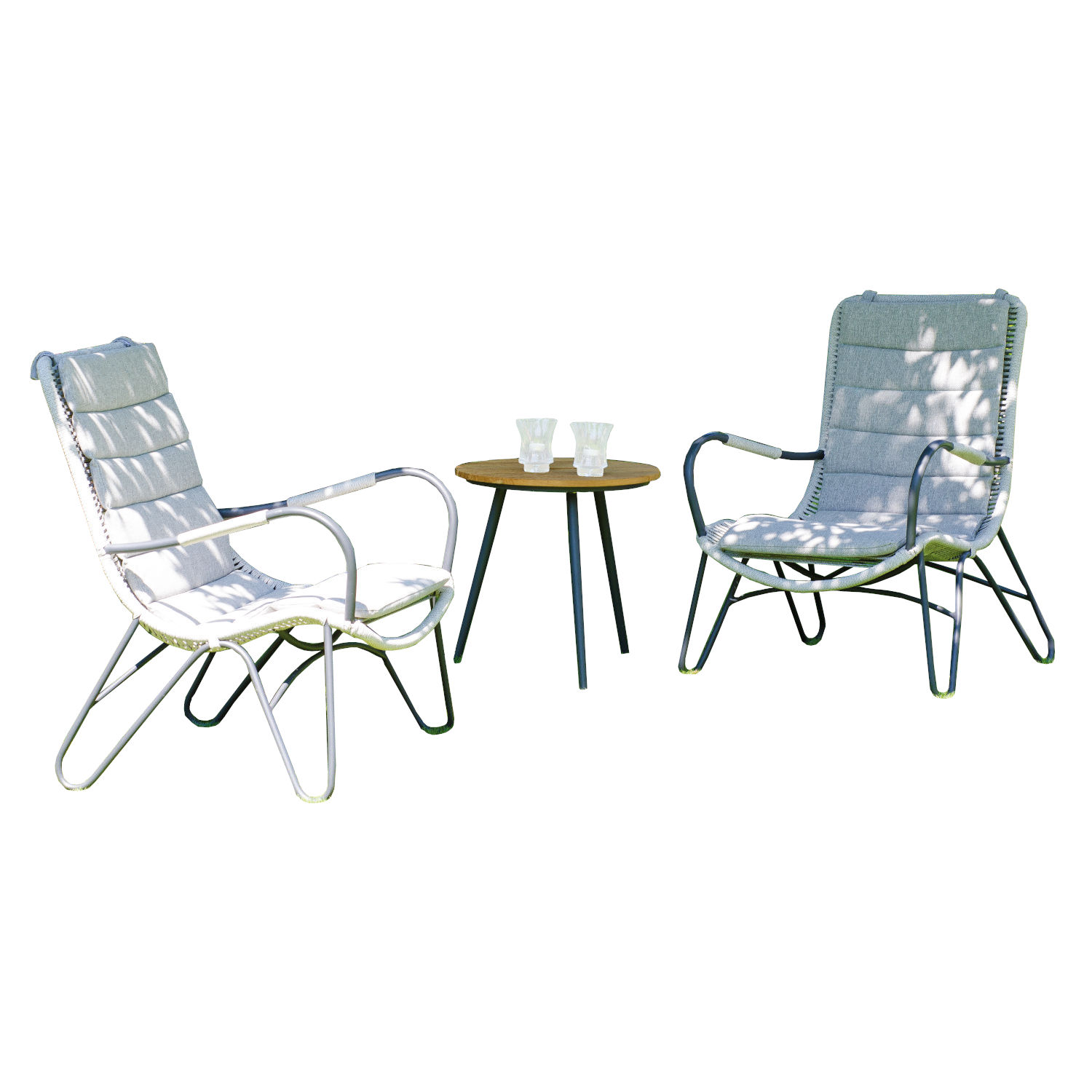 Sonnenpartner 3-teilige Sitzgruppe Charité & Gala 2 Sessel mit Tisch Ø 50 cm Aluminium mit Polyrope silbergrau Relaxsessel Lounge