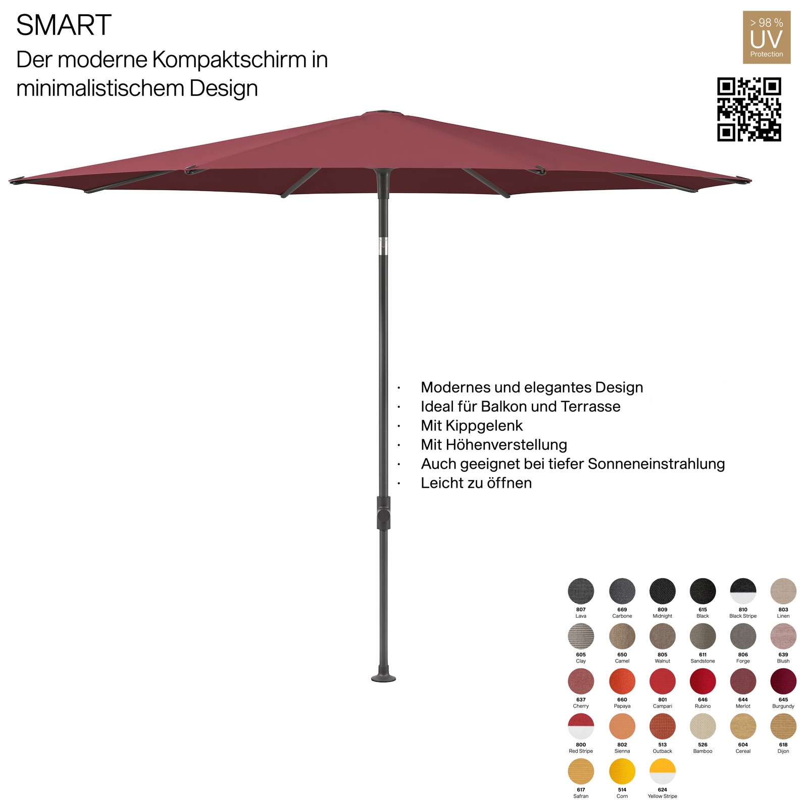 GLATZ Sonnenschirm SMART ø 200 cm Gestell anthrazit Stoff 100 % Polyacryl verschiedene Farben