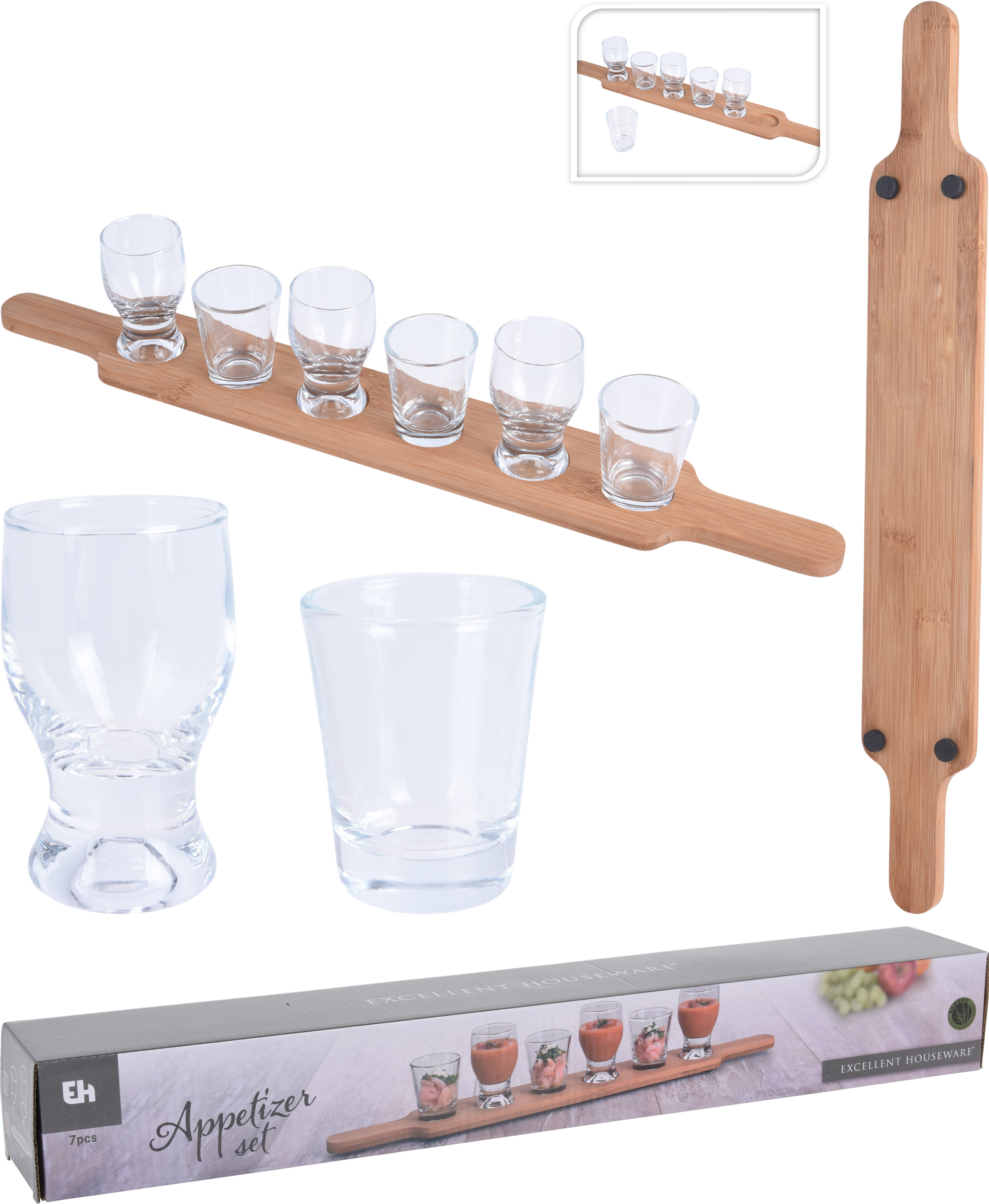 Servierbrett aus Holz mit 6 Gläsern Set für Getränke, Vorspeisen, Vorspeisen, Amuse-Bouche und Hors D'Oeuvre