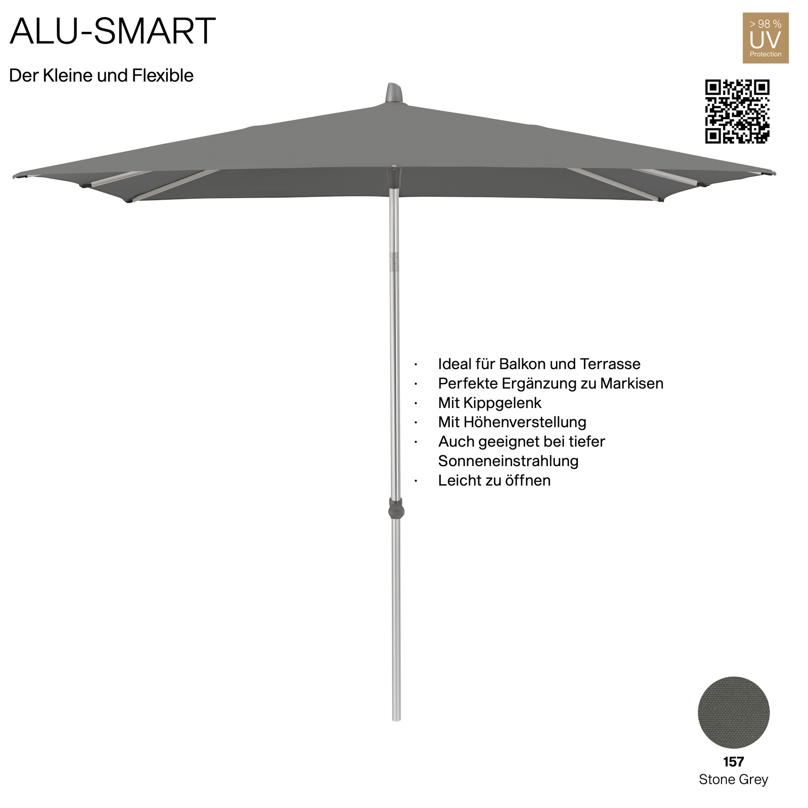 GLATZ Sonnenschirm ALU-SMART quadratisch 200 x 200 cm Gestell natureloxiert Farbe 157 Stone Grey Mittelstock