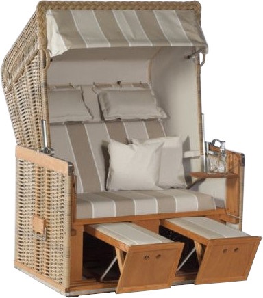 Sonnenpartner Gartenstrandkorb "Konsul" 2-Sitzer, Halbliegemodell Kunststoffgeflecht marone gefertigt mit Stoff Nr. 58 Oberkorbhimmel & Seitenteile uni beige-melliert 726