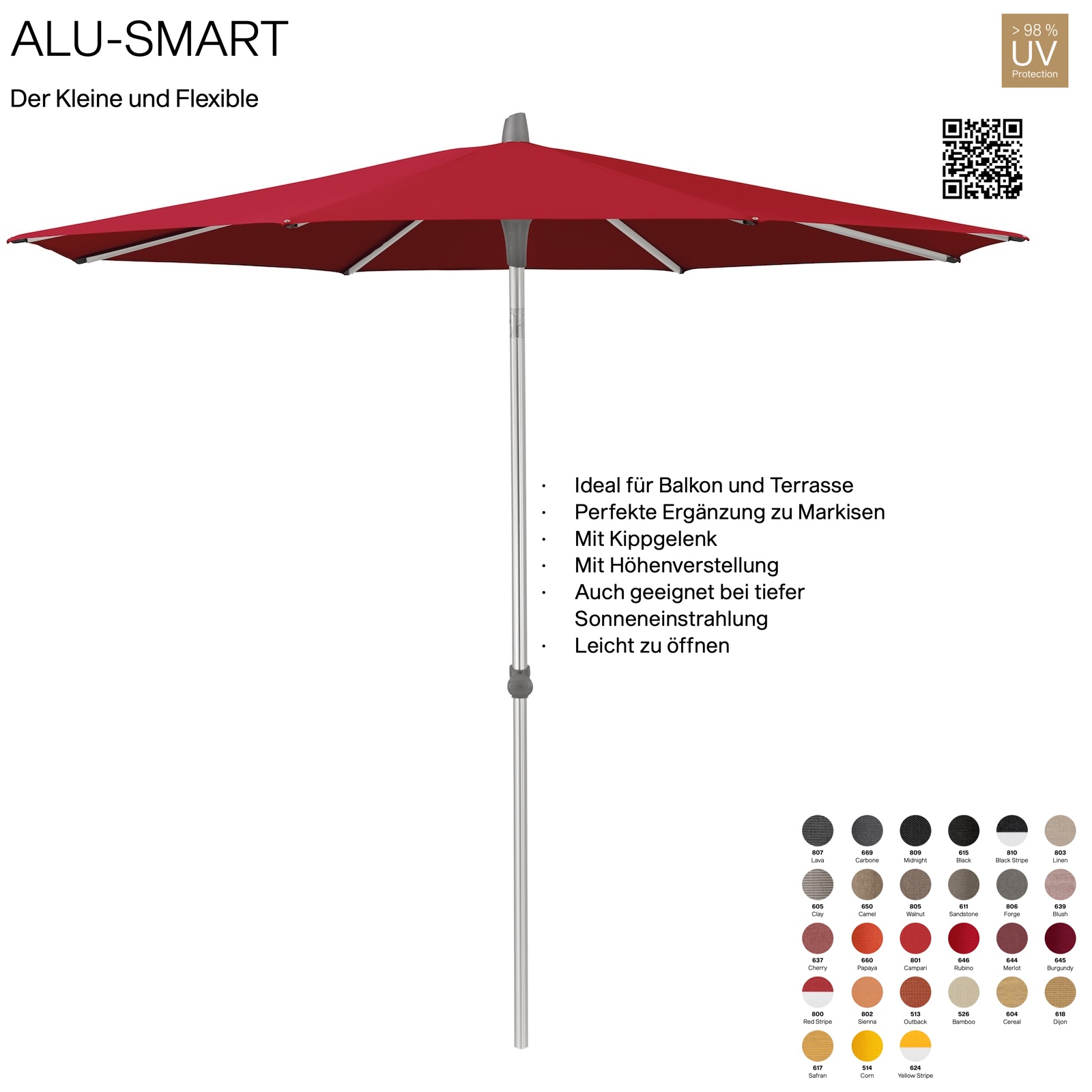 GLATZ Sonnenschirm ALU-SMART ø 200 cm Gestell natureloxiert Stoff 100 % Polyacryl verschiedene Farben