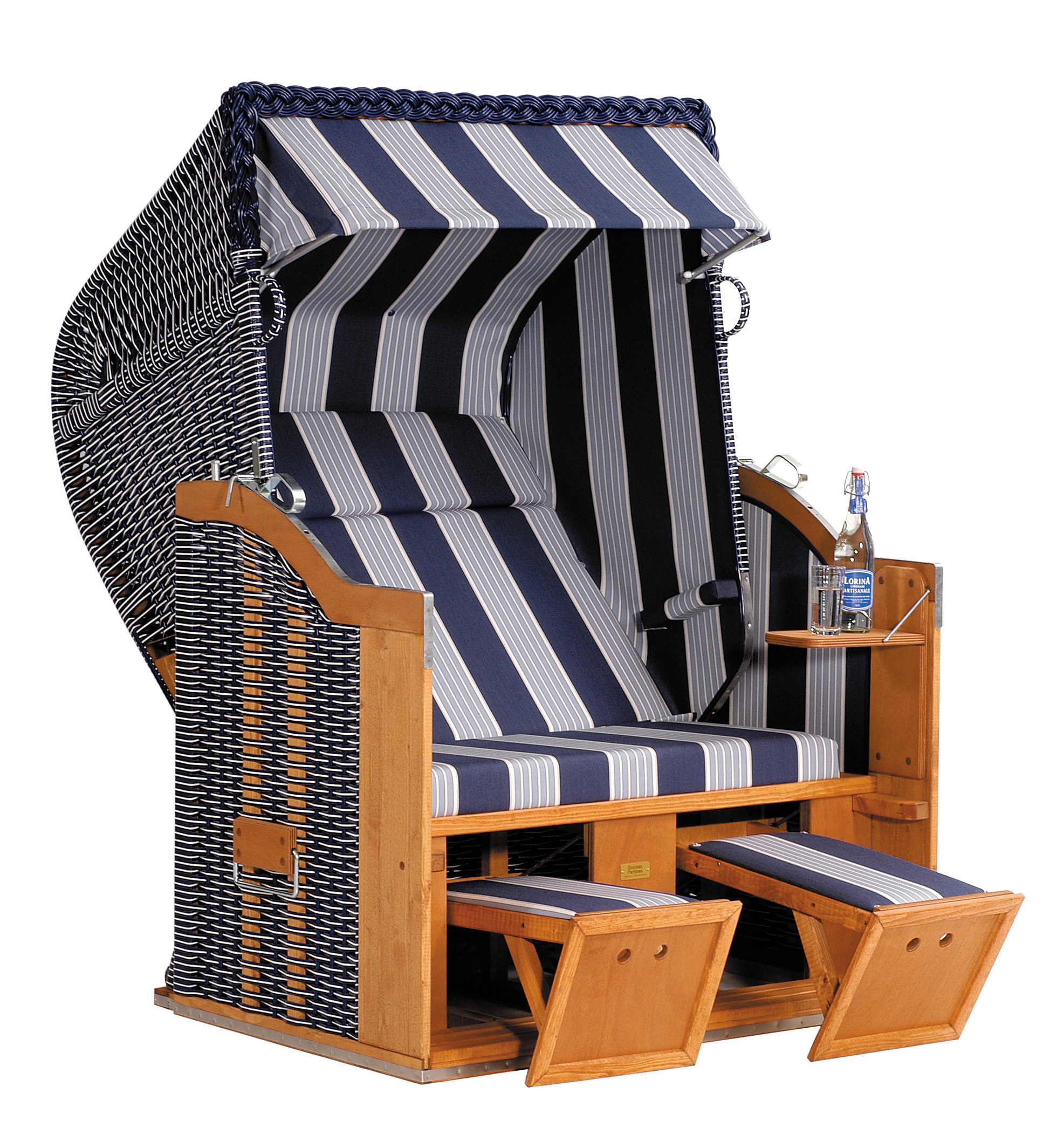 Sonnenpartner Gartenstrandkorb "Classic" 2-Sitzer, Halbliegemodell Kunststffgeflecht blau mit weißen Nadelstreifen gefertigt mit Stoff Nr.118
