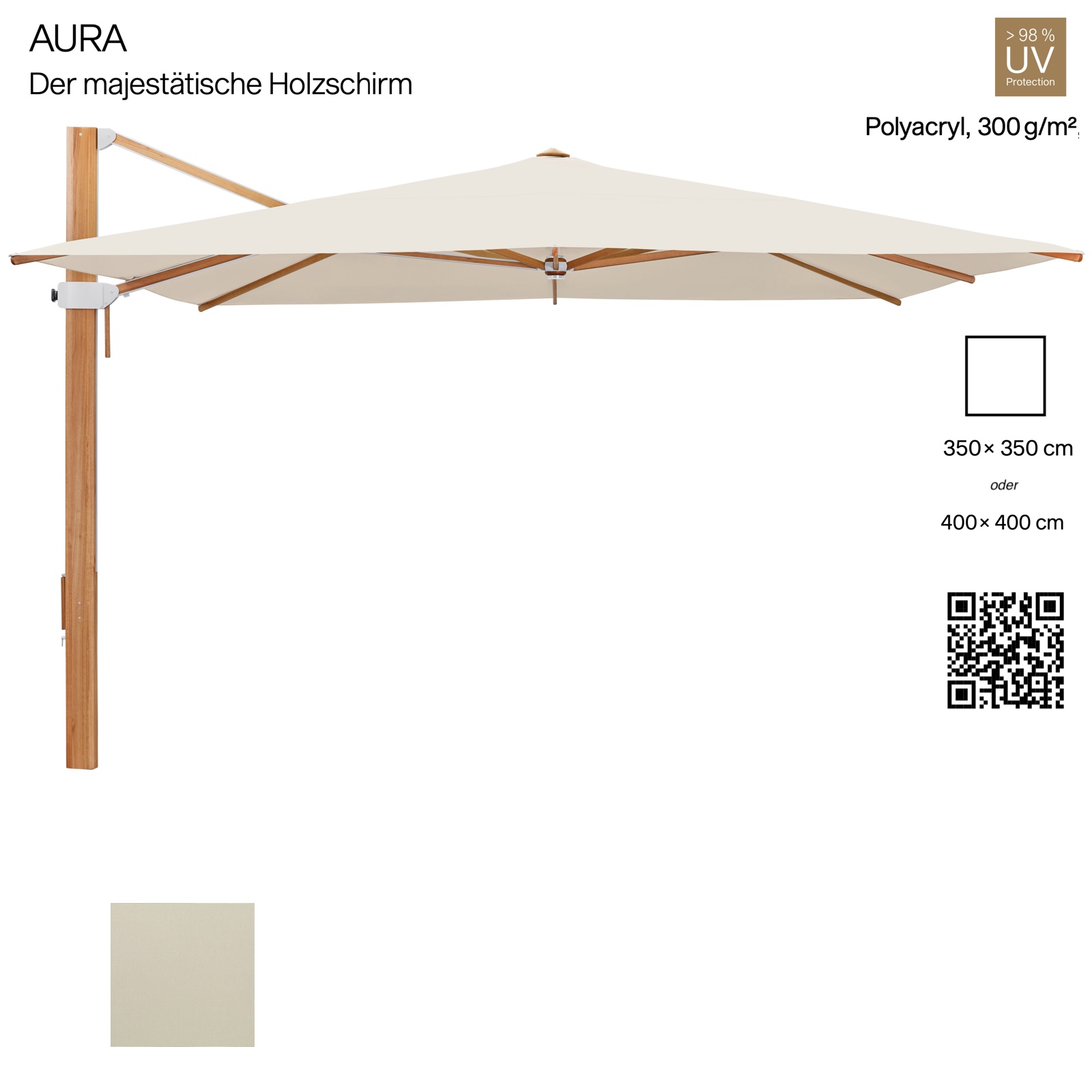 GLATZ Sonnenschirm AURA 350 x 350 / 400 x 400 cm Holzschirm Stoffklasse 5 Champagne 523