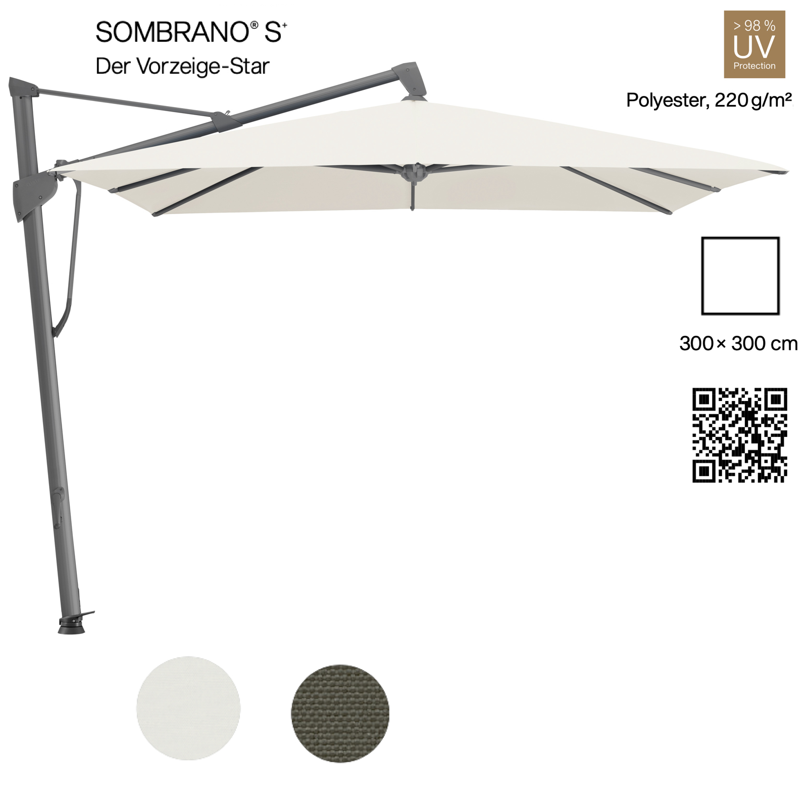 GLATZ Ampelschirm SOMBRANO® S+ quadratisch 300 x 300 cm in 2 Farbvarianten Sonnenschirm Stoffklasse 2