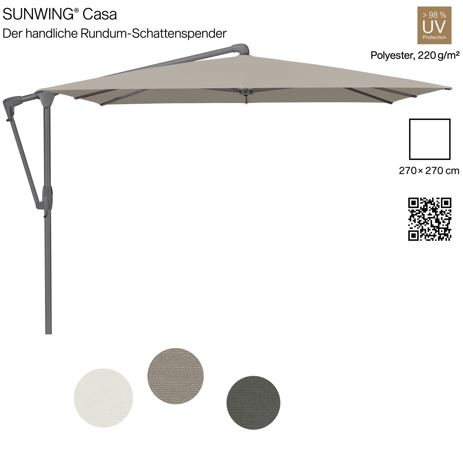 GLATZ Sonnenschirm SUNWING® CASA quadratisch 270 x 270 cm in 3 möglichen Farben Ampelschirm Stoffklasse 2