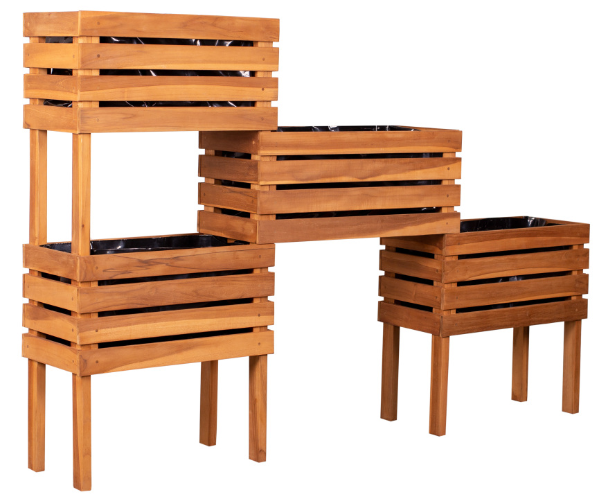 deVries Hochbeet "WOODIE" Salatbar aus Teakholz 4 Hochbeet-Boxen mit Folie ausgeschlagen Größe 180 x 30 x 120/160 cm