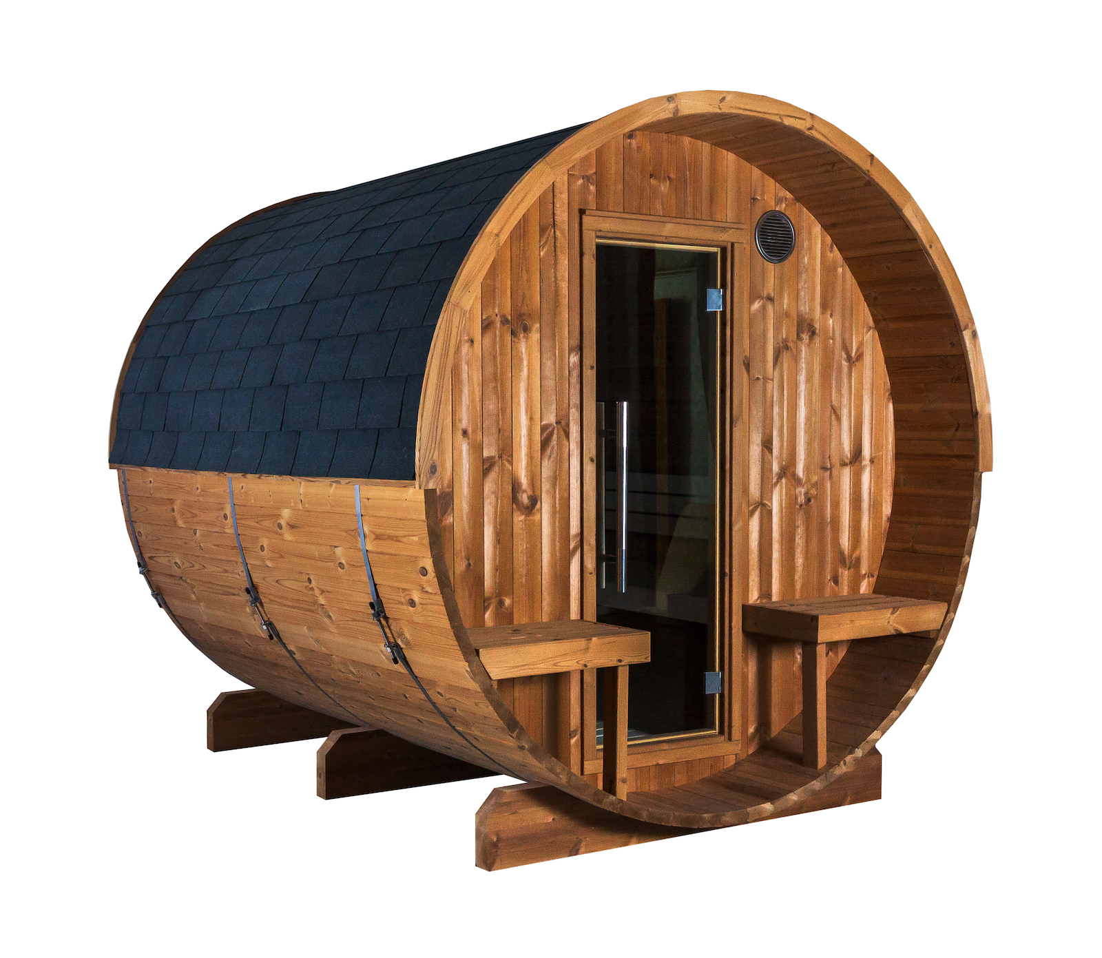 Sentiotec Kaski 240 Panorama Canopy Fasssauna Außensauna aus Thermo-Kiefer Ø 220 x 240 cm