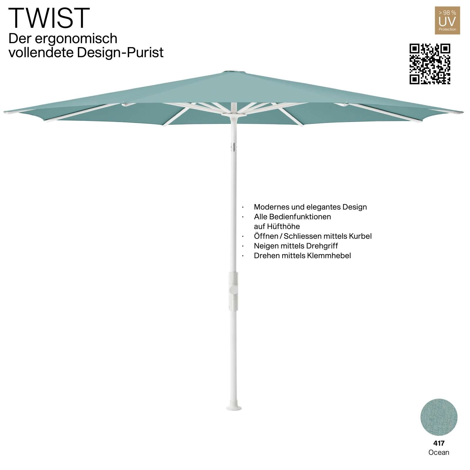 GLATZ Sonnenschirm TWIST rund ø 270 cm Gestell matt weiss Stoff Farbe 417 Ocean Mittelmastschirm