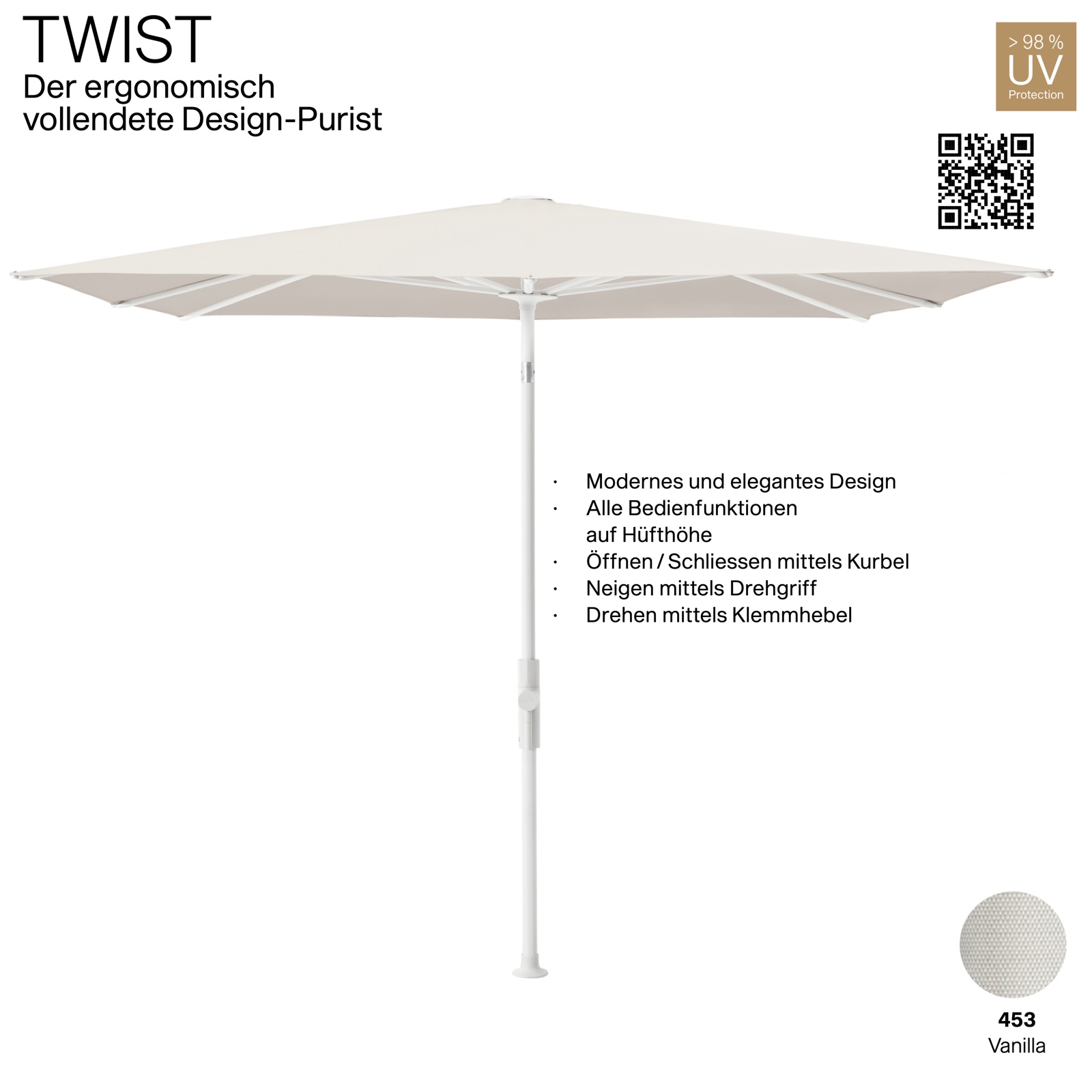 GLATZ Sonnenschirm TWIST 240 x 240 cm Gestell matt weiss Stoff Farbe 453 Vanilla Mittelmastschirm