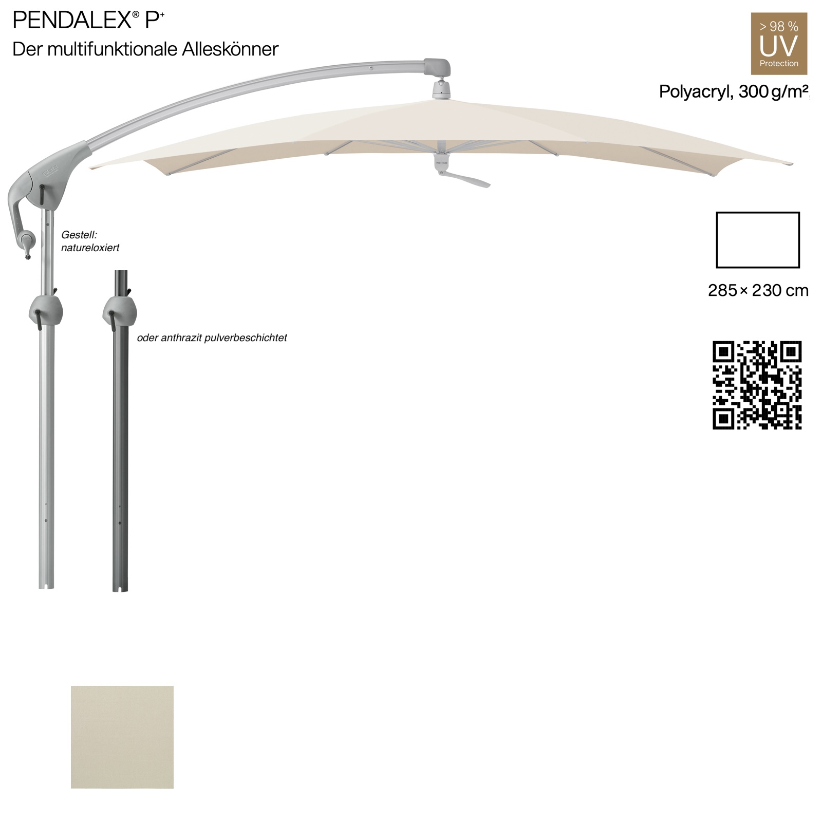 GLATZ Sonnenschirm PENDALEX® P+ rechteckig 285 x 230 cm Bezug 523 Champagne Stoffklasse 5 Freiarmschirm