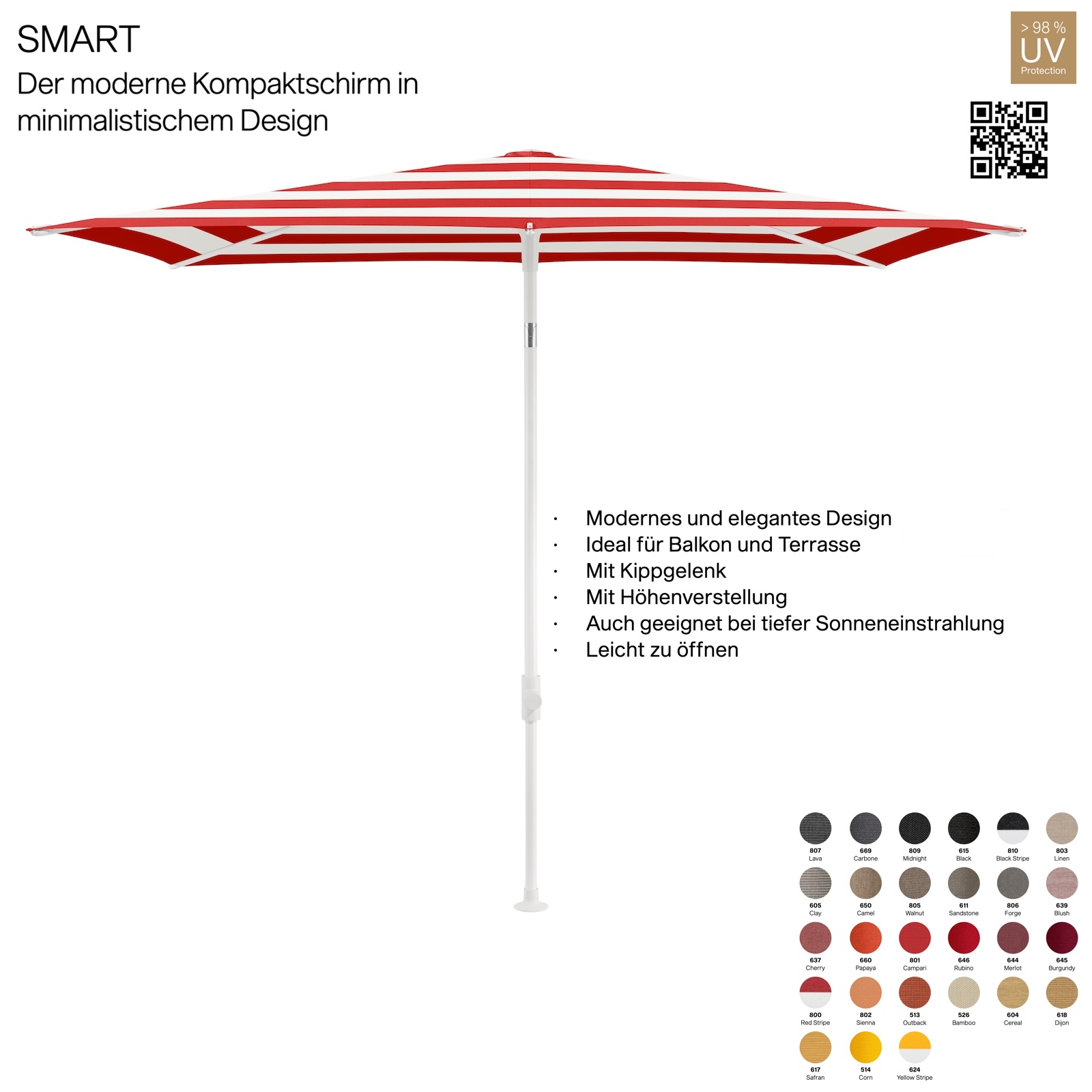 GLATZ Sonnenschirm SMART 250 x 200 cm Gestell matt weiss Stoff 100 % Polyacryl verschiedene Farben