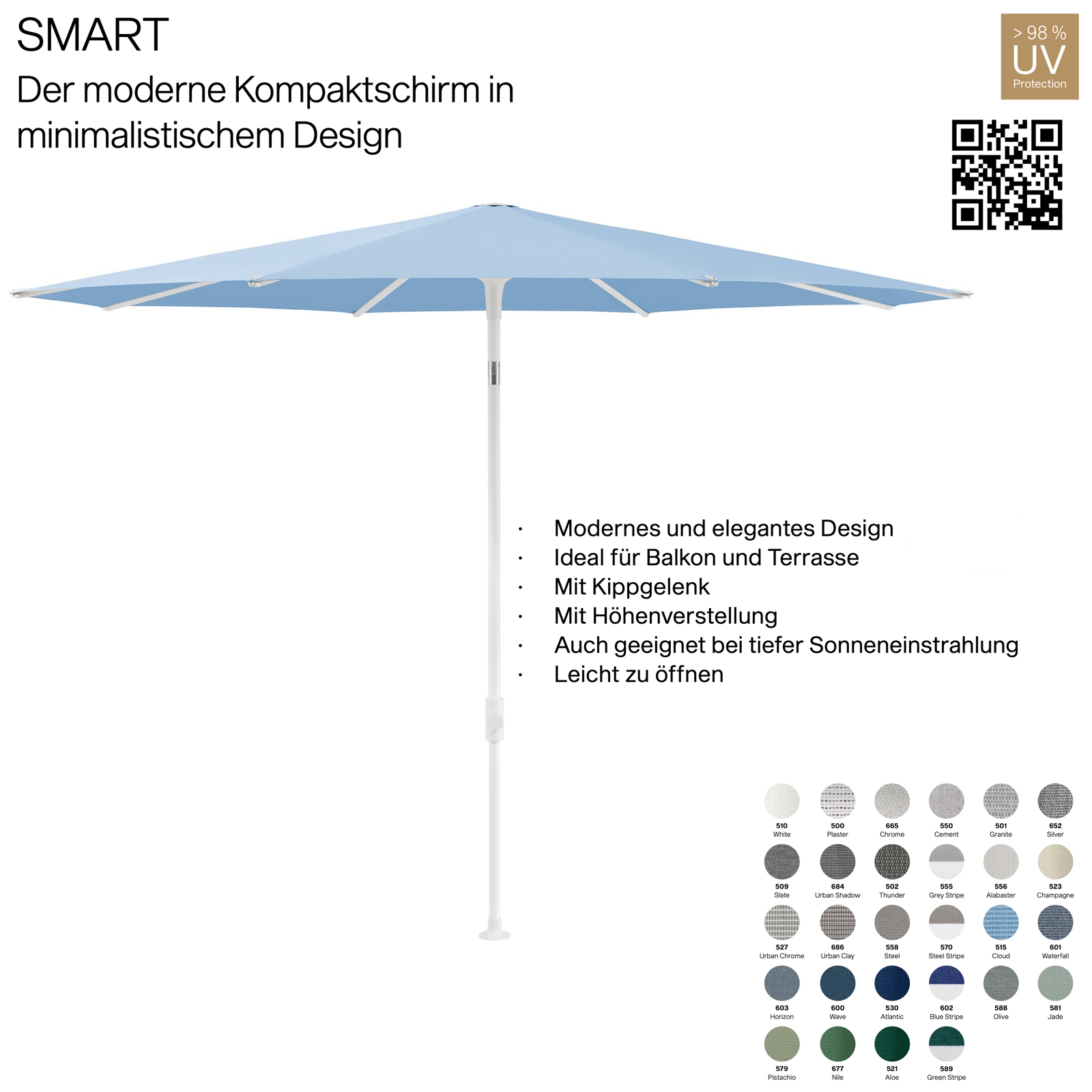 GLATZ Sonnenschirm SMART ø 220 cm Gestell matt weiss Stoff 100 % Polyacryl verschiedene Farben