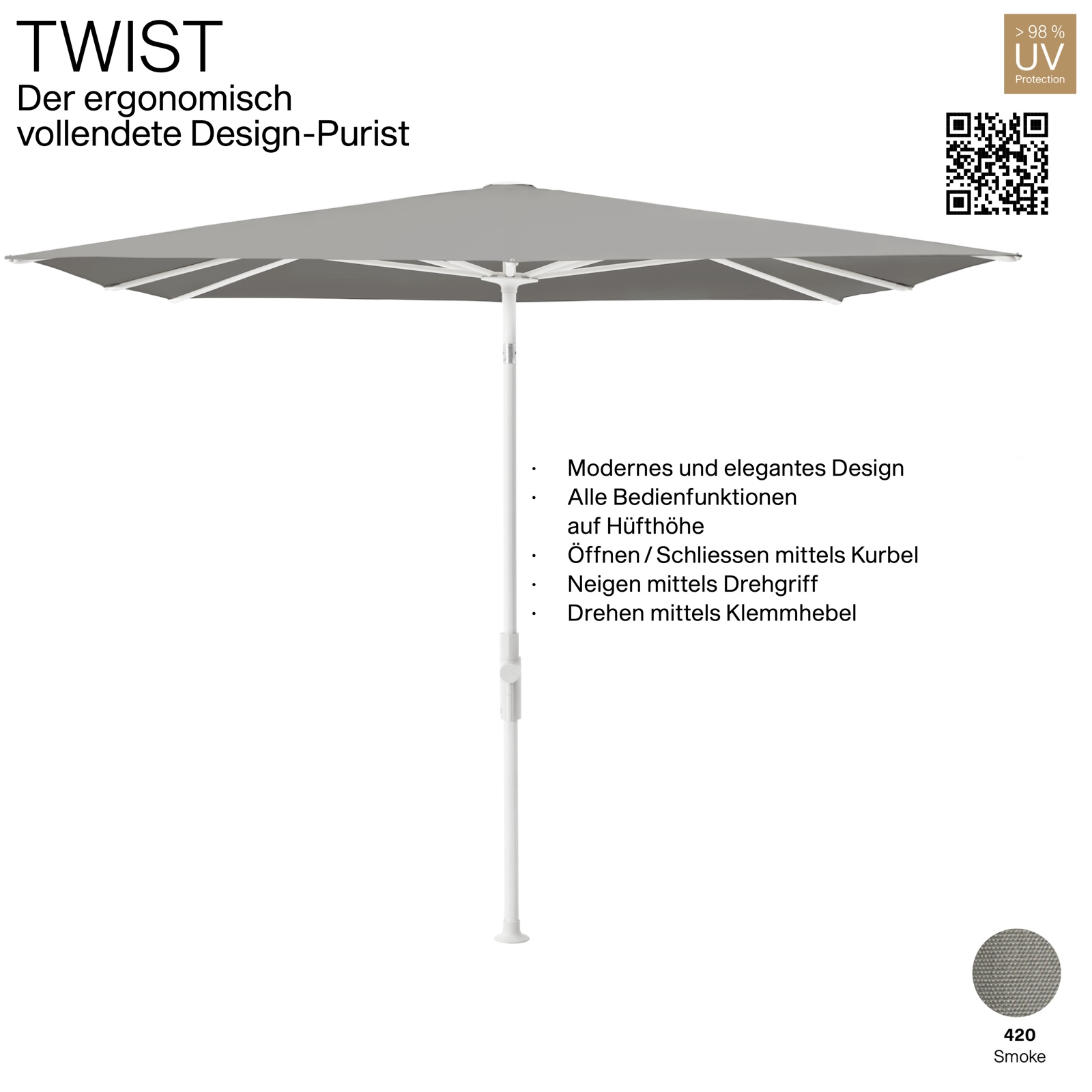 GLATZ Sonnenschirm TWIST 250 x 200 cm Gestell matt weiss Stoff Farbe 420 Smoke Mittelmastschirm