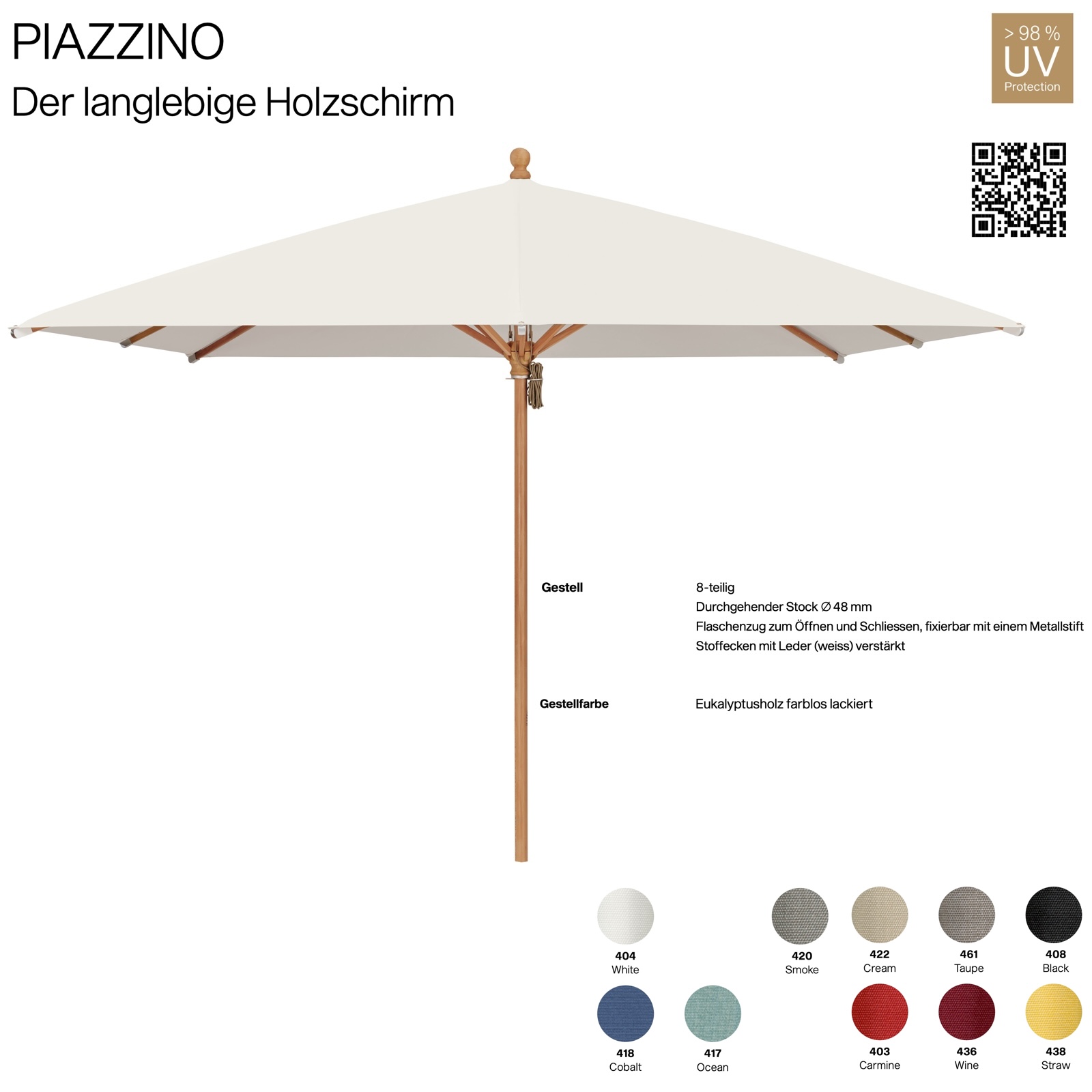 GLATZ Sonnenschirm PIAZZINO quadratisch 300 x 300 Farbe wählbar Mittelmastschirm