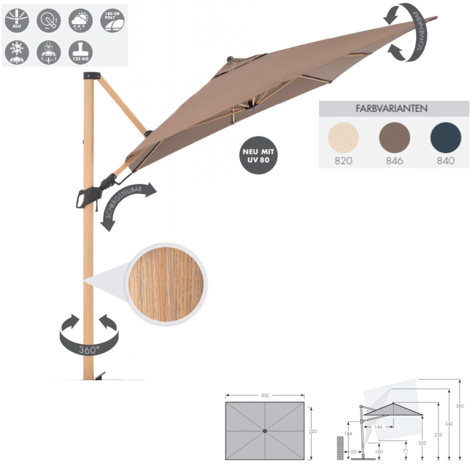Doppler Alu Wood Pendel Side 220 x 300 cm Pendelschirm Ampelschirm 3 Farben 451268