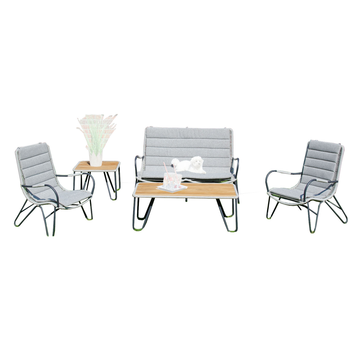 Sonnenpartner 5-teilige Lounge-Sitzgruppe Charité mit 2 Tischen Aluminium mit Teakholz/Polyrope silbergrau Loungegruppe
