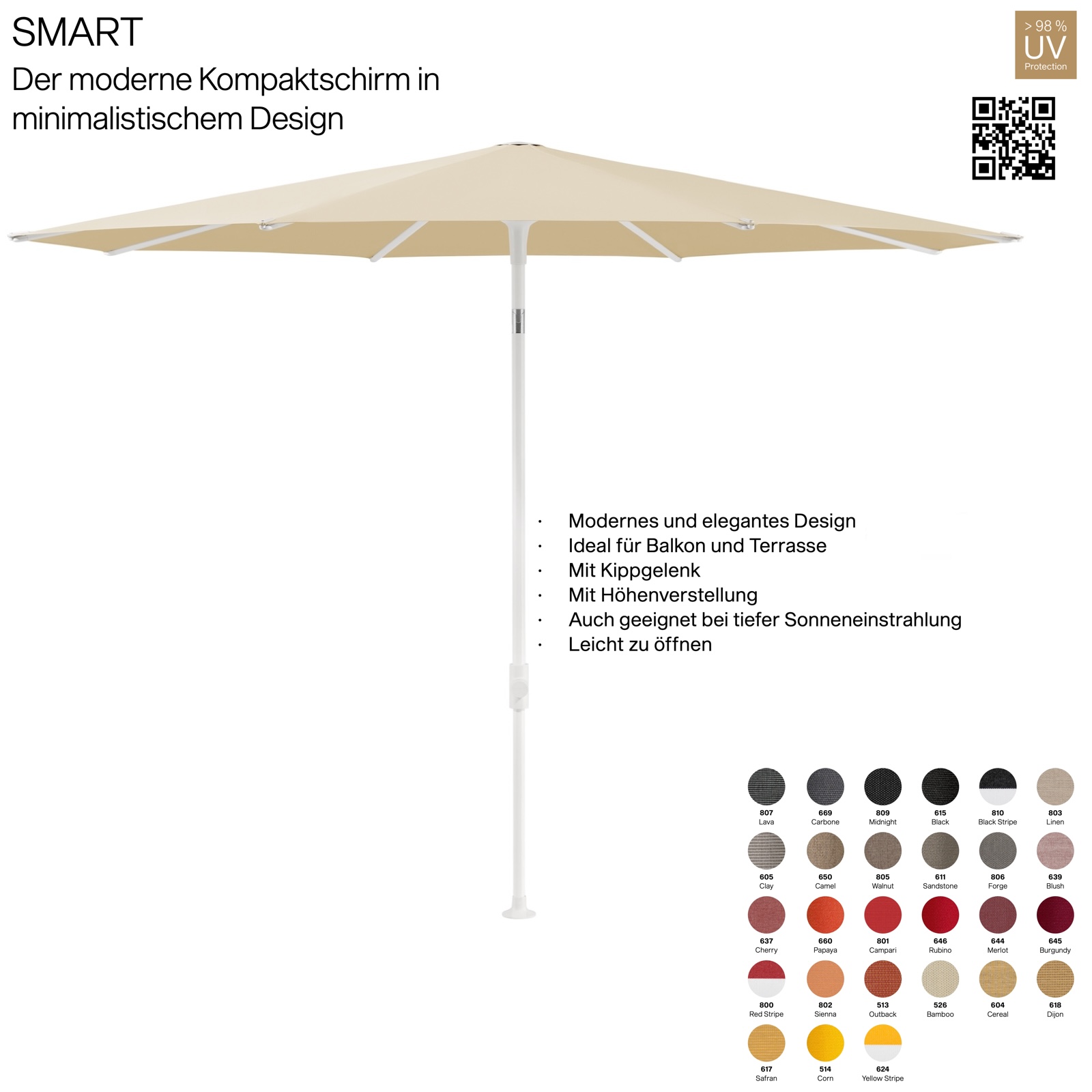 GLATZ Sonnenschirm SMART ø 220 cm Gestell matt weiss Stoff 100 % Polyacryl verschiedene Farben
