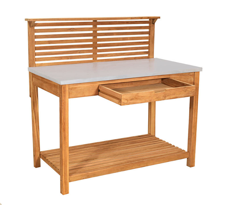 deVries Pflanztisch "WOODIE" aus Tewakholz verzinkte Arbeitsfläche mit Schublade mit Ablage Größe 114 x 66 x 124 cm