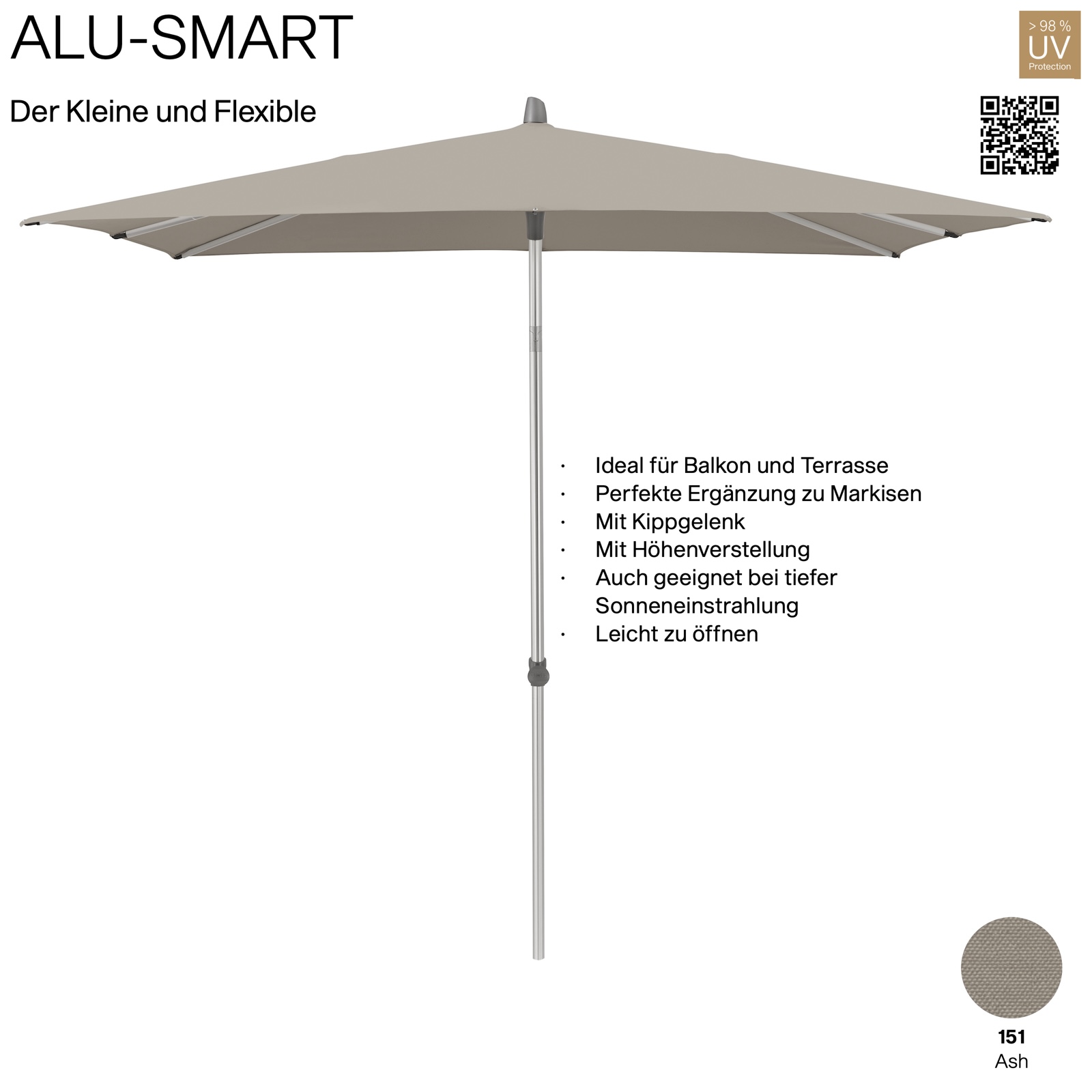 GLATZ Sonnenschirm ALU-SMART quadratisch 200 x 200 cm Gestell natureloxiert Farbe 151 Ash Mittelstock