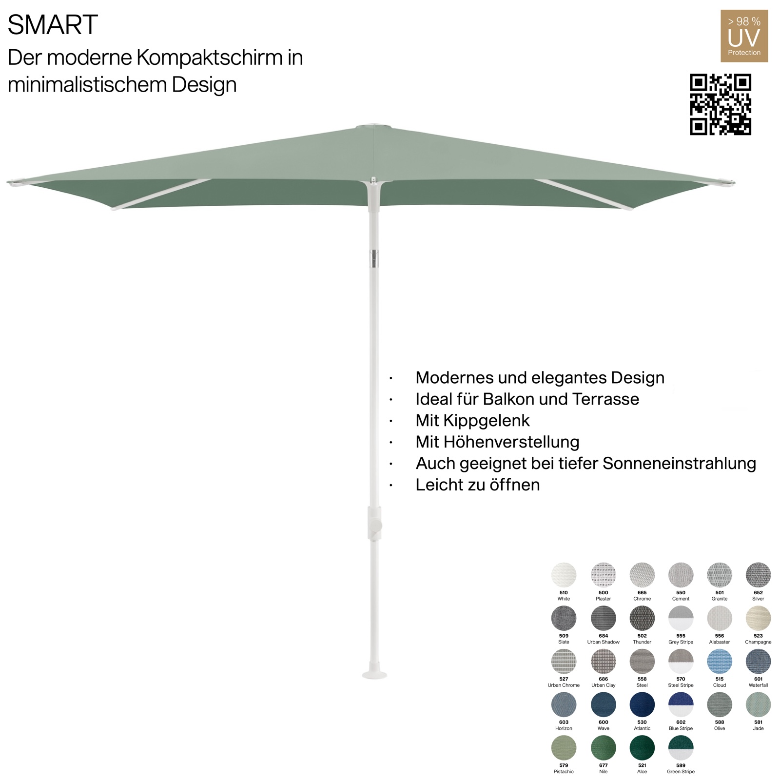 GLATZ Sonnenschirm SMART 250 x 200 cm Gestell matt weiss Stoff 100 % Polyacryl verschiedene Farben