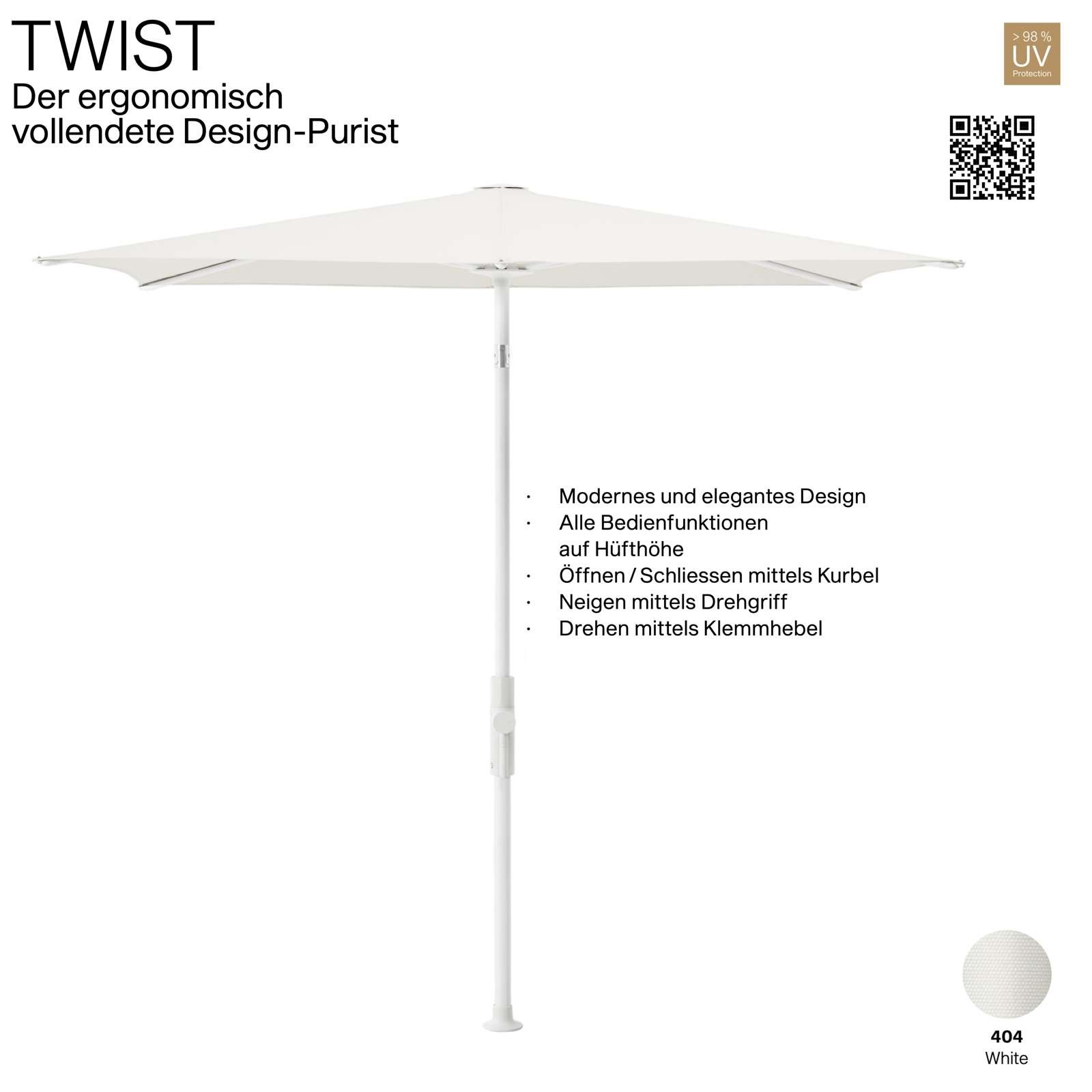 GLATZ Sonnenschirm TWIST 210 x 150 cm Gestell matt weiss Stoff Farbe 404 White Mittelmastschirm